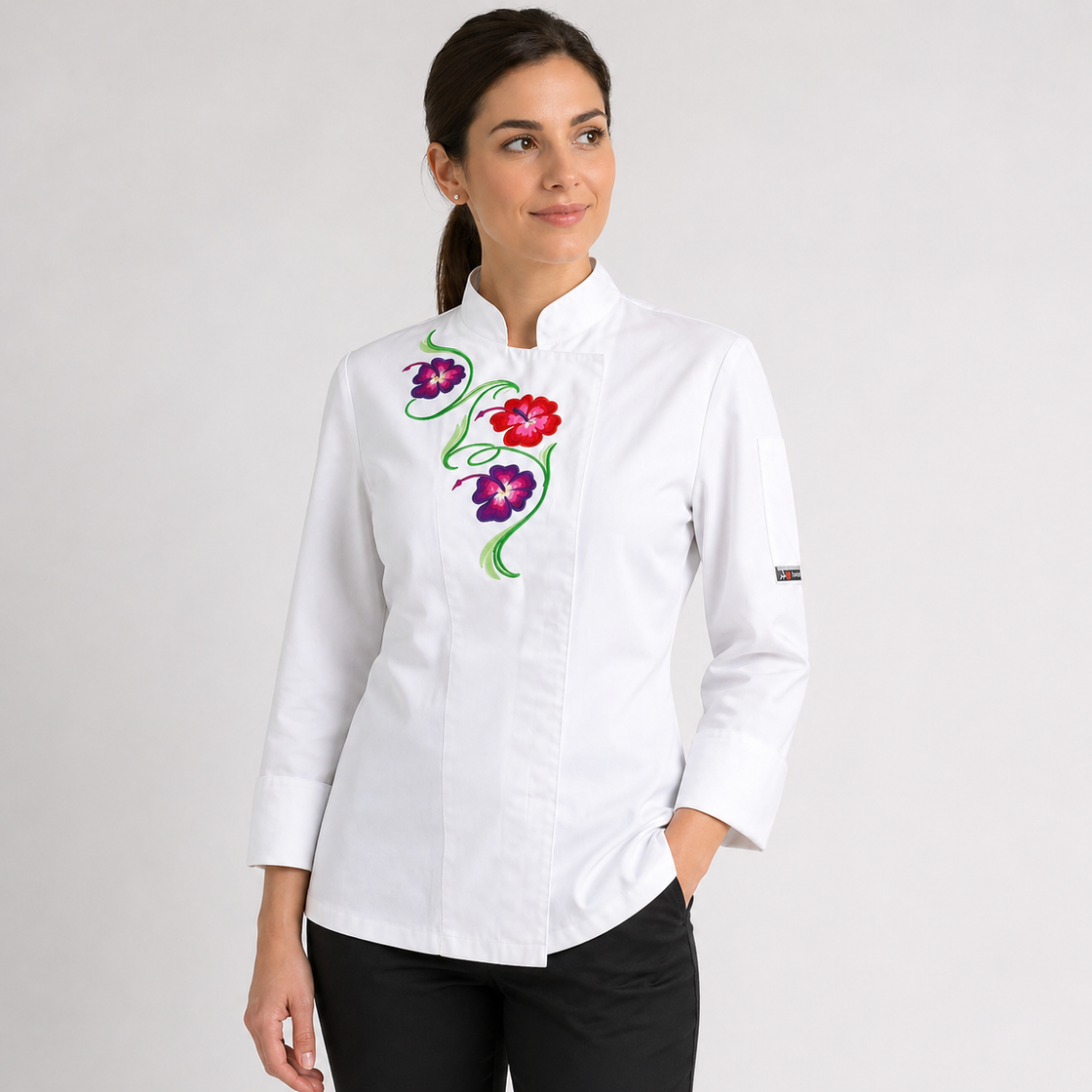 Giacca Cuoco Donna con Bottoni a Pressione e Ricamo Floreale - FLOWERS