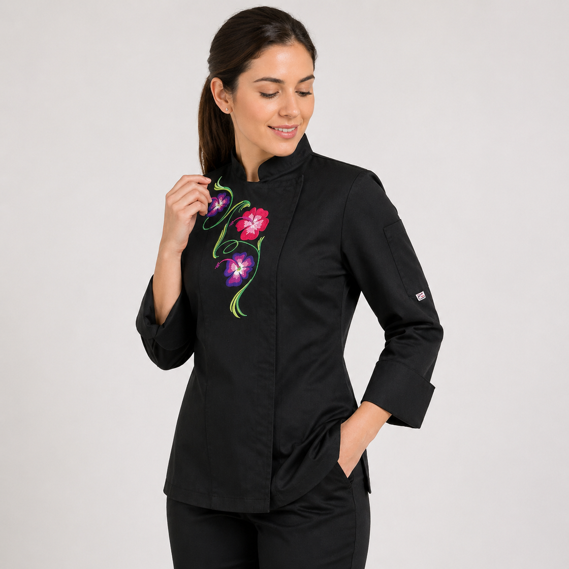 Giacca Cuoco Donna con Bottoni a Pressione e Ricamo Floreale - FLOWERS