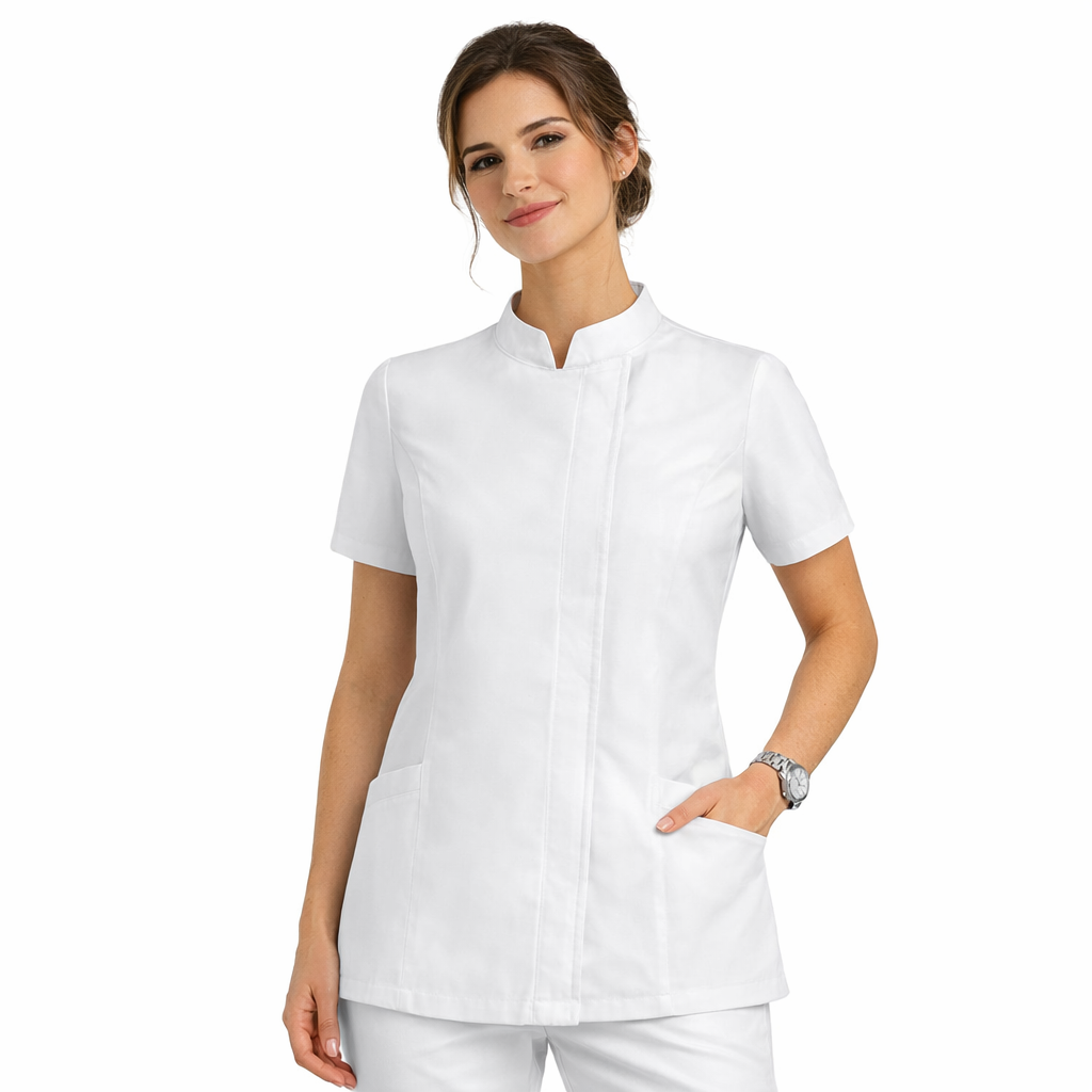Casacca Sanitaria Donna con Colletto – Bottoni Nascosti, Comoda e Professionale - ALESSIA
