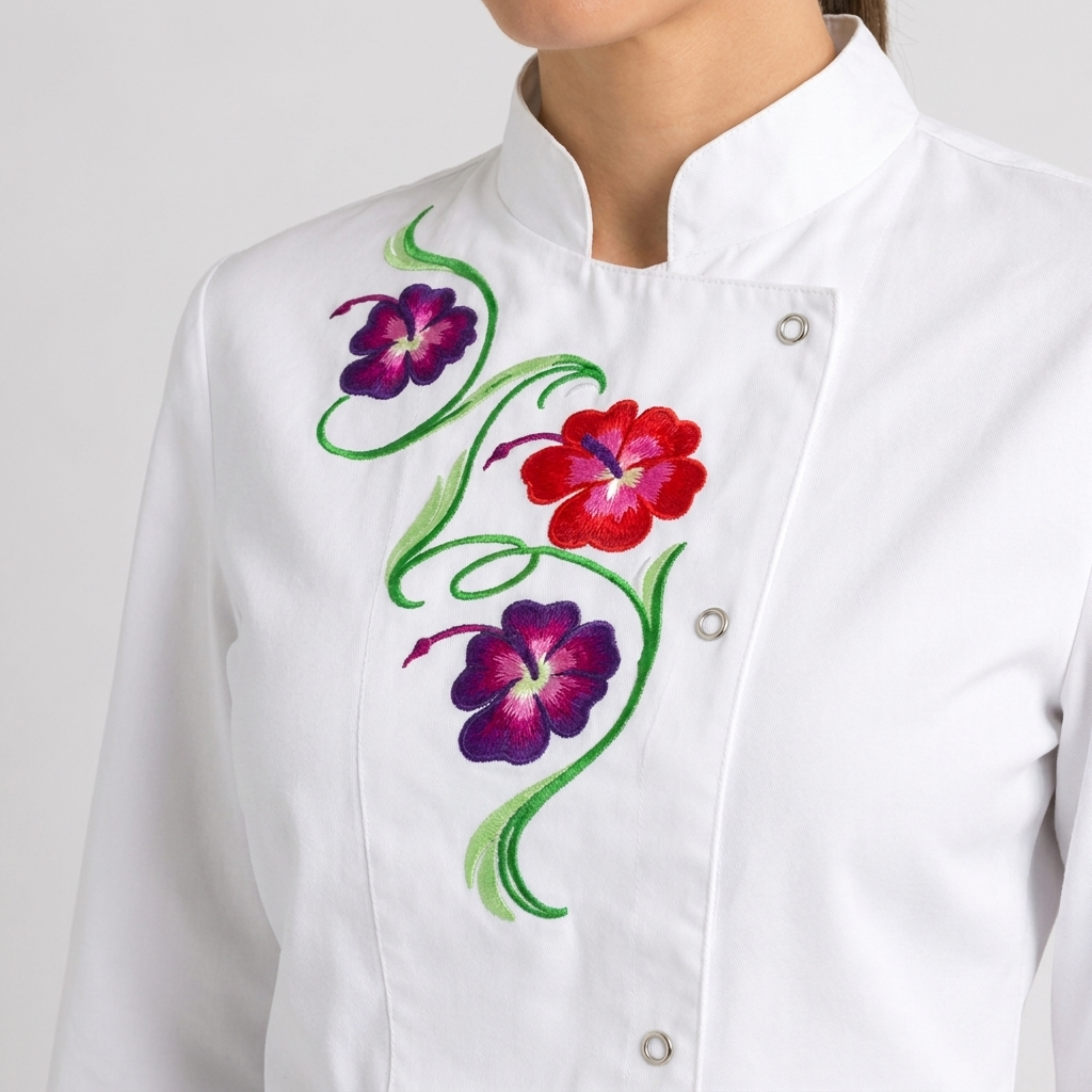 Giacca Cuoco Donna con Bottoni a Pressione e Ricamo Floreale - FLOWERS
